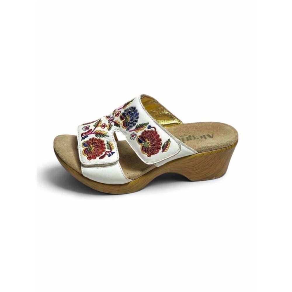 Alegria White Leather Floral Embroidered Wedge Slide Sandals Womens 37
